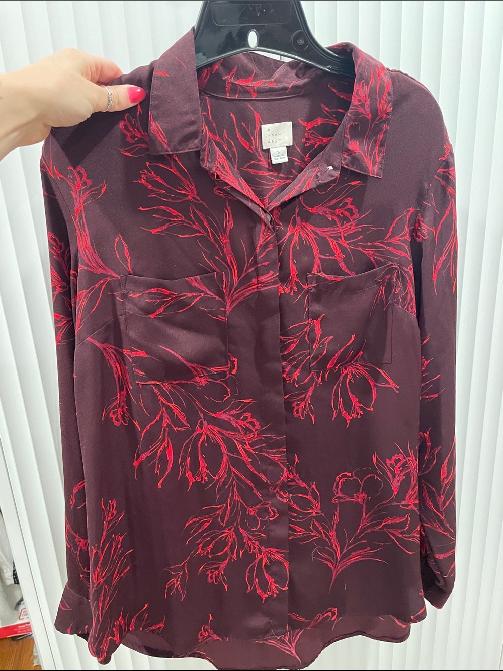 Burgundy Button-Down Blouse with Red Floral Print